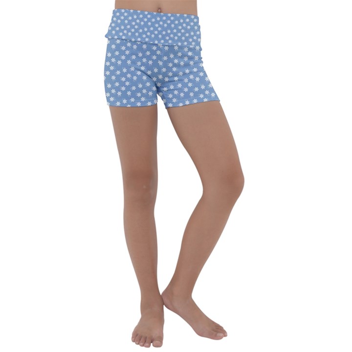 Faded Blue White Floral Print Kids  Lightweight Velour Yoga Shorts