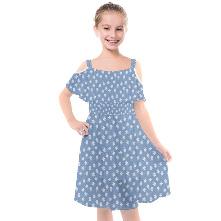 Faded Blue White Floral Print Kids  Cut Out Shoulders Chiffon Dress