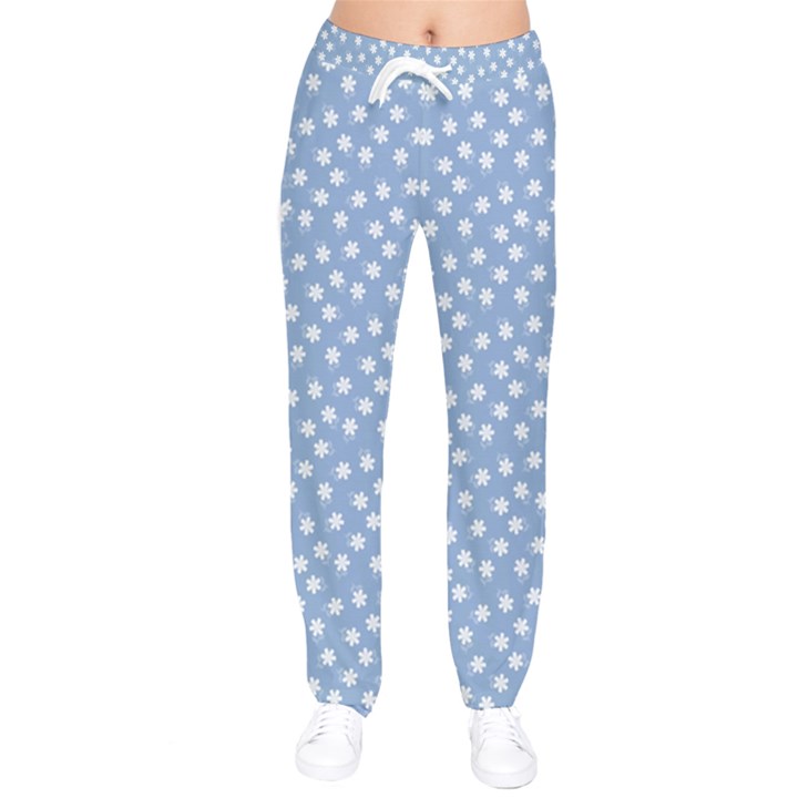 Faded Blue White Floral Print Women velvet Drawstring Pants