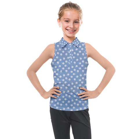 Faded Blue White Floral Print Kids  Sleeveless Polo Tee by SpinnyChairDesigns