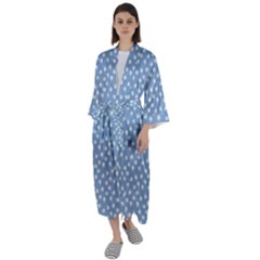 Faded Blue White Floral Print Maxi Satin Kimono by SpinnyChairDesigns