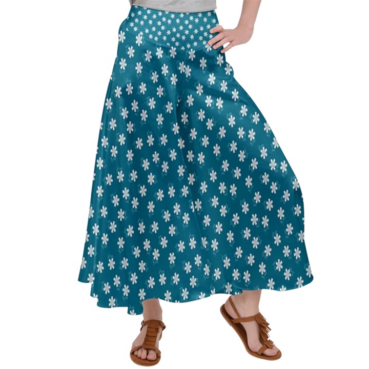 Teal White Floral Print Satin Palazzo Pants