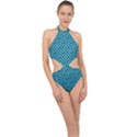 Teal White Floral Print Halter Side Cut Swimsuit View1