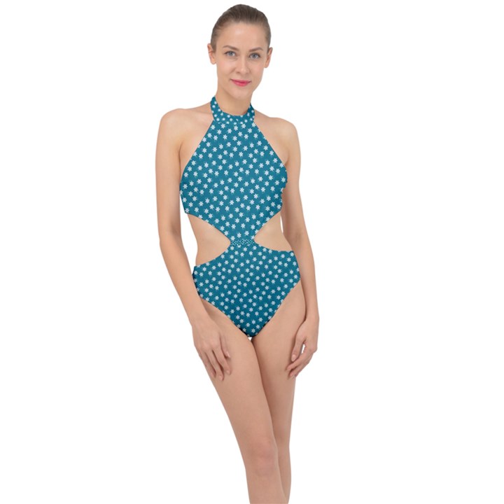 Teal White Floral Print Halter Side Cut Swimsuit