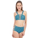 Teal White Floral Print Cage Up Bikini Set View1