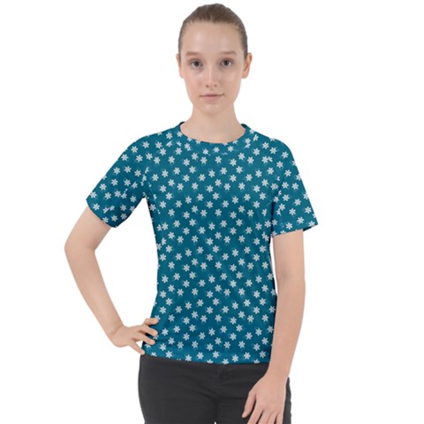 Teal White Floral Print Women s Sport Raglan Tee by SpinnyChairDesigns