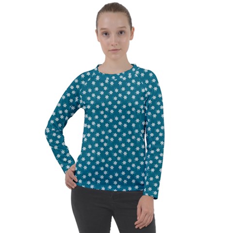 Teal White Floral Print Women s Long Sleeve Raglan Tee by SpinnyChairDesigns