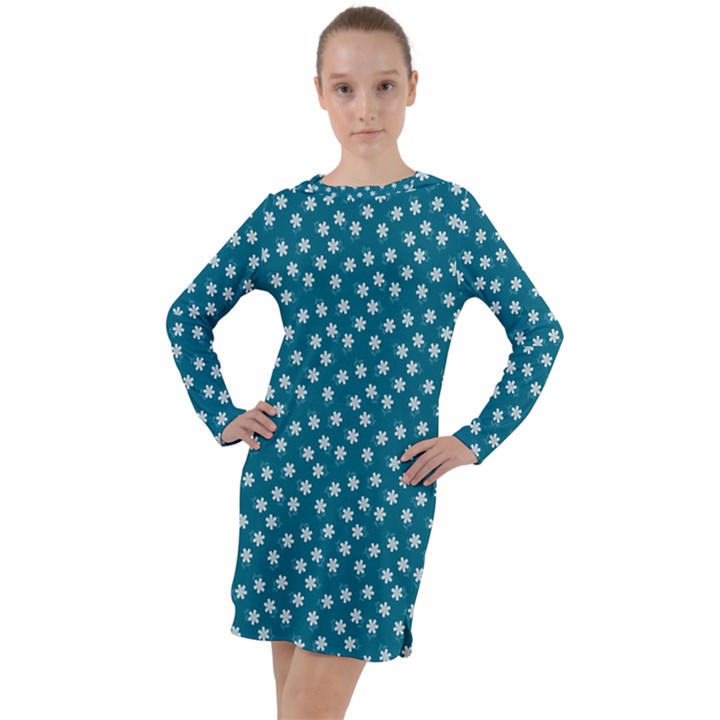 Teal White Floral Print Long Sleeve Hoodie Dress