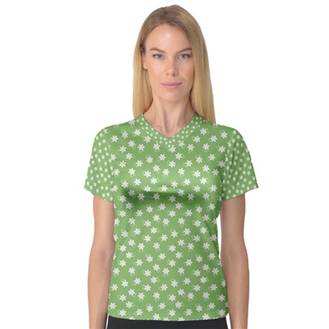 Spring Green White Floral Print V-neck Sport Mesh Tee by SpinnyChairDesigns