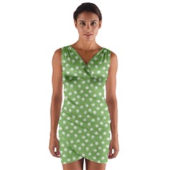 Spring Green White Floral Print Wrap Front Bodycon Dress by SpinnyChairDesigns