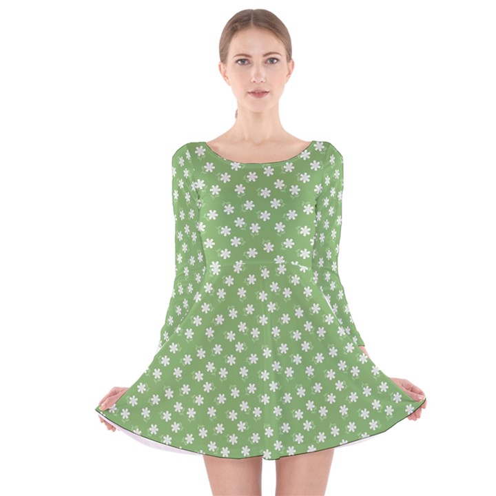 Spring Green White Floral Print Long Sleeve Velvet Skater Dress