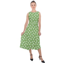 Spring Green White Floral Print Midi Tie-back Chiffon Dress by SpinnyChairDesigns