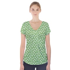 Spring Green White Floral Print Short Sleeve Front Detail Top by SpinnyChairDesigns