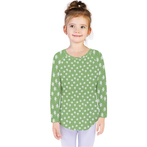 Spring Green White Floral Print Kids  Long Sleeve Tee by SpinnyChairDesigns