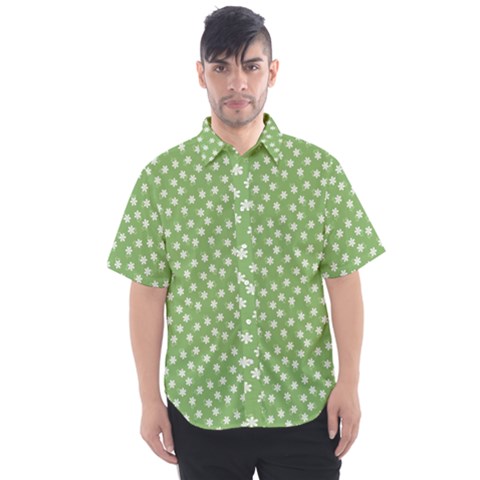 Spring Green White Floral Print Men s Short Sleeve Shirt by SpinnyChairDesigns