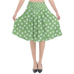 Spring Green White Floral Print Flared Midi Skirt by SpinnyChairDesigns