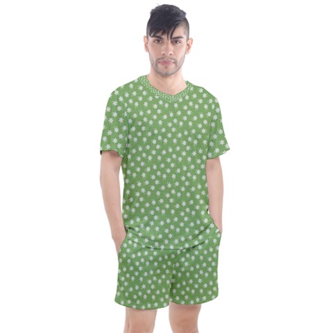 Spring Green White Floral Print Men s Mesh Tee And Shorts Set by SpinnyChairDesigns