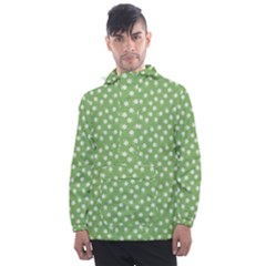 Spring Green White Floral Print Men s Front Pocket Pullover Windbreaker by SpinnyChairDesigns