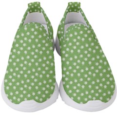 Spring Green White Floral Print Kids  Slip On Sneakers by SpinnyChairDesigns