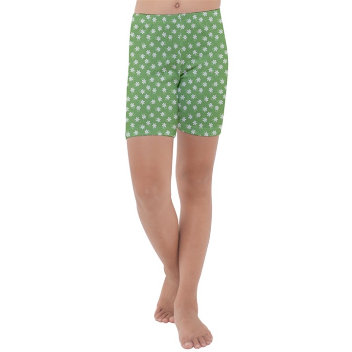 Spring Green White Floral Print Kids  Lightweight Velour Capri Yoga Leggings