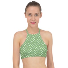 Spring Green White Floral Print Racer Front Bikini Top by SpinnyChairDesigns