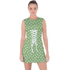 Spring Green White Floral Print Lace Up Front Bodycon Dress by SpinnyChairDesigns