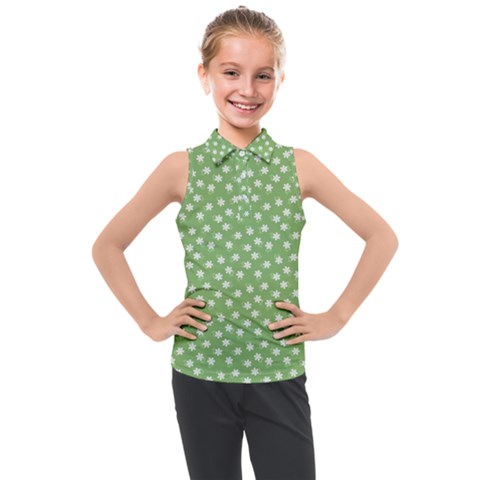 Spring Green White Floral Print Kids  Sleeveless Polo Tee by SpinnyChairDesigns