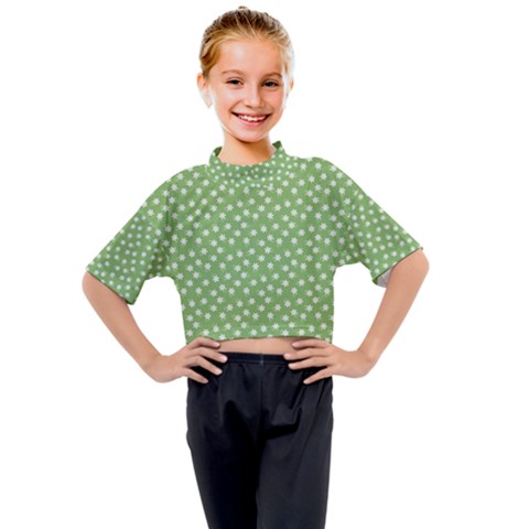 Spring Green White Floral Print Kids Mock Neck Tee by SpinnyChairDesigns