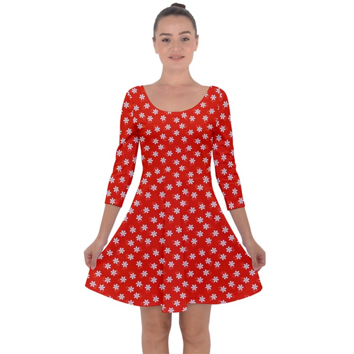 Red White Floral Print Quarter Sleeve Skater Dress