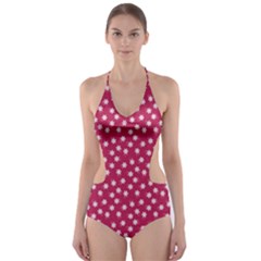 Magenta Rose White Floral Print Cut-out One Piece Swimsuit by SpinnyChairDesigns