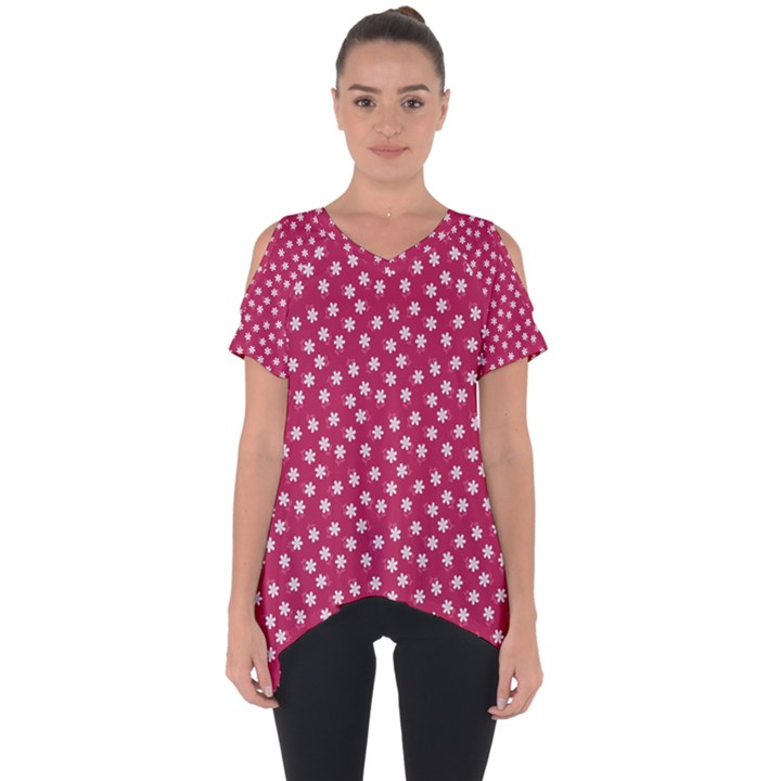 Magenta Rose White Floral Print Cut Out Side Drop Tee