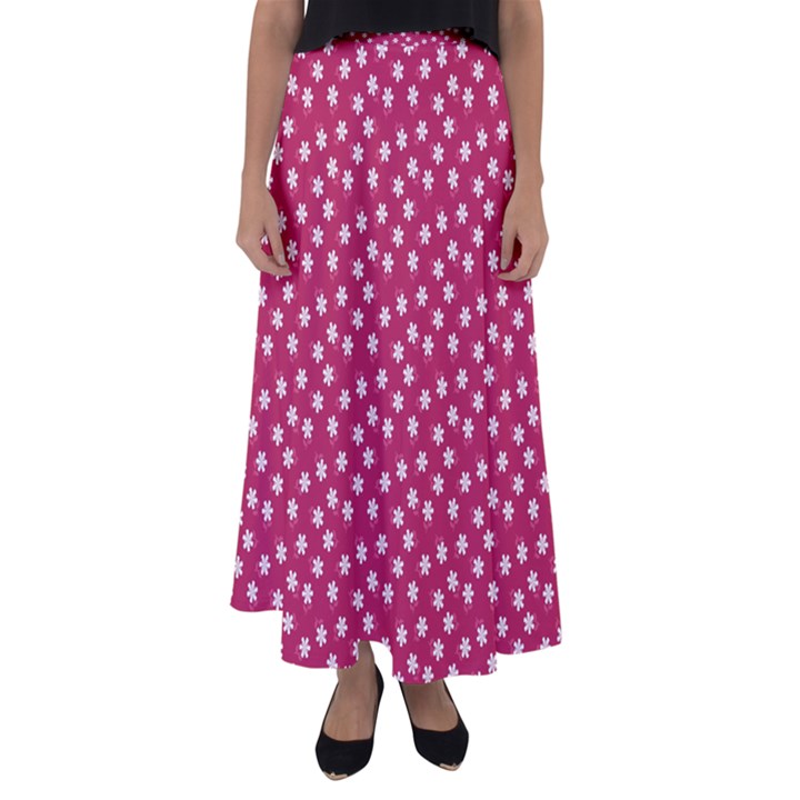 Magenta Rose White Floral Print Flared Maxi Skirt