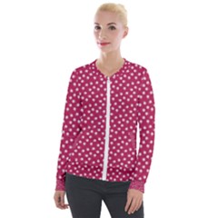 Magenta Rose White Floral Print Velour Zip Up Jacket by SpinnyChairDesigns