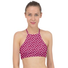 Magenta Rose White Floral Print Racer Front Bikini Top by SpinnyChairDesigns