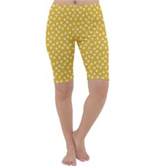 Saffron Yellow White Floral Pattern Cropped Leggings  by SpinnyChairDesigns