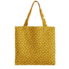 Saffron Yellow White Floral Pattern Zipper Grocery Tote Bag by SpinnyChairDesigns