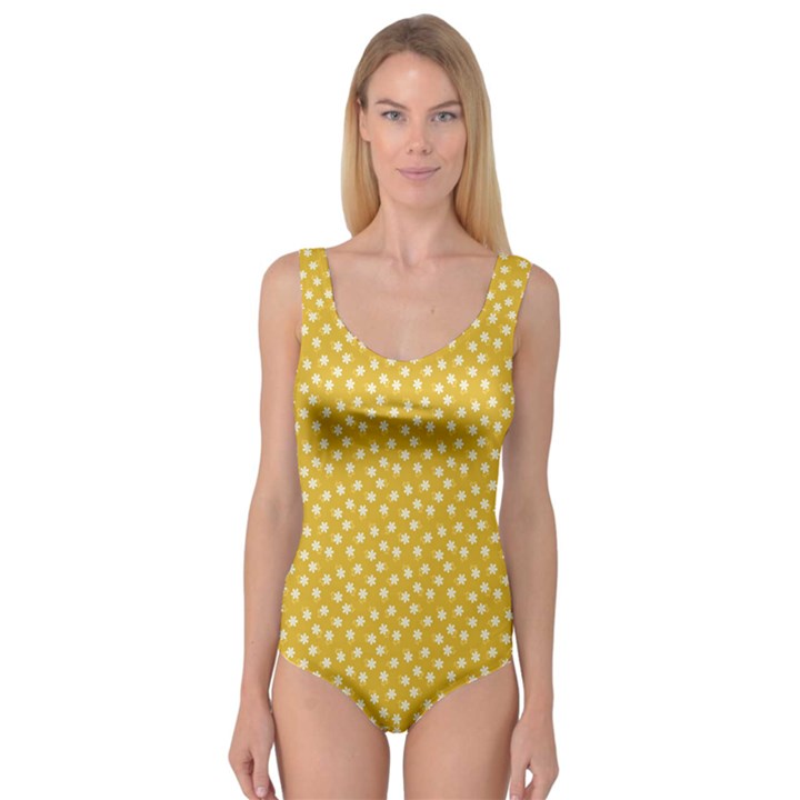 Saffron Yellow White Floral Pattern Princess Tank Leotard 