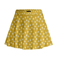 Saffron Yellow White Floral Pattern Mini Flare Skirt by SpinnyChairDesigns