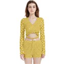 Saffron Yellow White Floral Pattern Velvet Wrap Crop Top View1