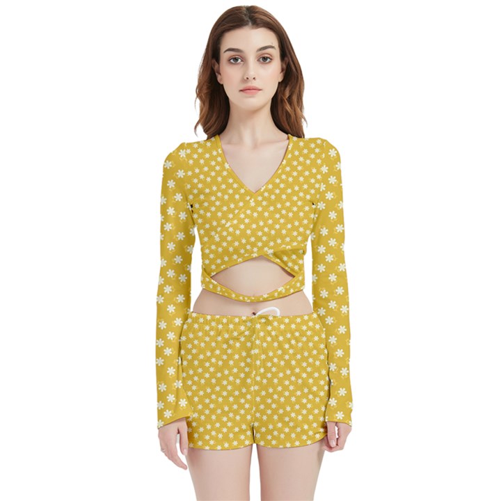 Saffron Yellow White Floral Pattern Velvet Wrap Crop Top