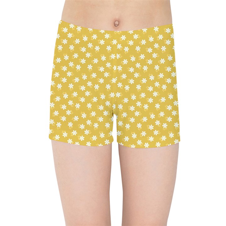 Saffron Yellow White Floral Pattern Kids  Sports Shorts