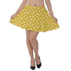 Saffron Yellow White Floral Pattern Velvet Skater Skirt by SpinnyChairDesigns