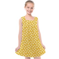 Saffron Yellow White Floral Pattern Kids  Cross Back Dress by SpinnyChairDesigns