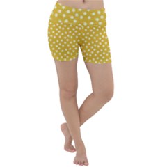 Saffron Yellow White Floral Pattern Lightweight Velour Yoga Shorts by SpinnyChairDesigns