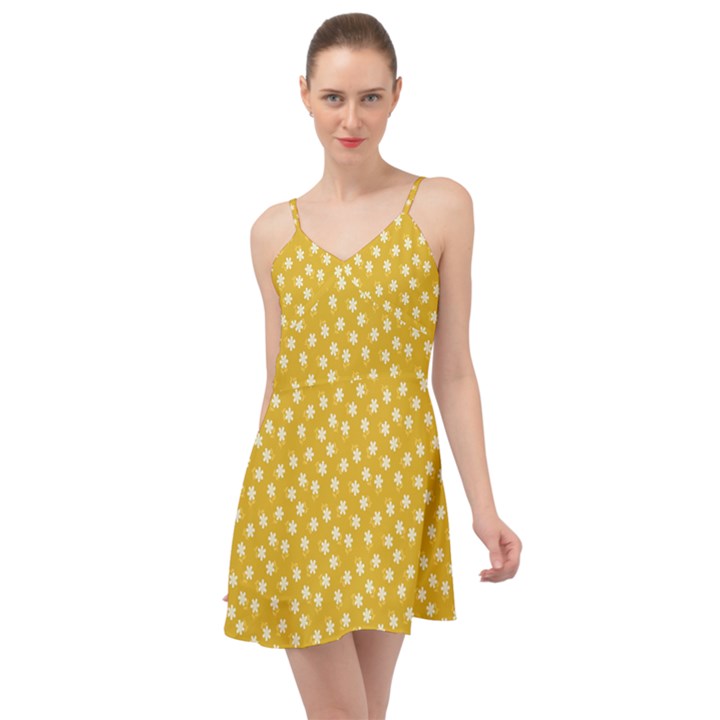 Saffron Yellow White Floral Pattern Summer Time Chiffon Dress