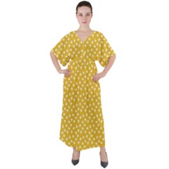 Saffron Yellow White Floral Pattern V-neck Boho Style Maxi Dress by SpinnyChairDesigns