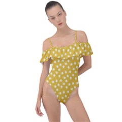 Saffron Yellow White Floral Pattern Frill Detail One Piece Swimsuit