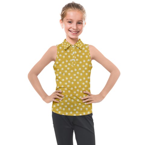 Saffron Yellow White Floral Pattern Kids  Sleeveless Polo Tee by SpinnyChairDesigns