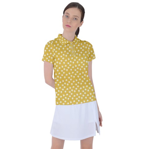 Saffron Yellow White Floral Pattern Women s Polo Tee by SpinnyChairDesigns