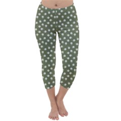 Sage Green White Floral Print Capri Winter Leggings  by SpinnyChairDesigns